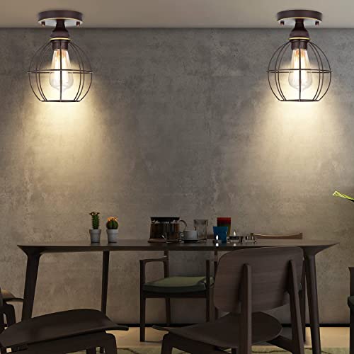 Industrial Semi Flush Mount Ceiling Light - Farmhouse Hallway Light Fixtures Ceiling Oil Rubbed Bronze Metal Cage Ceiling Lighting Rustic Close To Ceiling Lamps For Porch Entryway Kitchen Outdoor #TOP4
