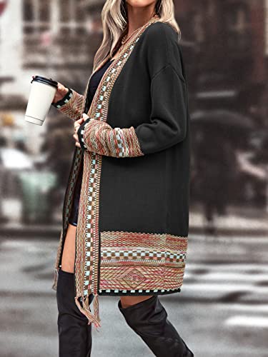 Makemechic Women's Boho Geo Pattern Long Sleeve Open Front Fringe Tassel Cardigan Sweater Black S #TOP2