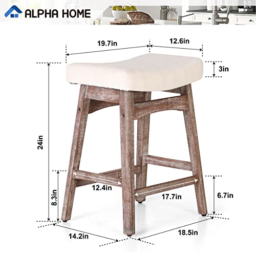 Alpha Home Bar Stools Set Of 2, Solid Wood Saddle Kitchen Stools With Beige Linen Fabric Cushion Counter Height Barstools With Vintage Farm Wooden Base For Kitchen Dining Cafe, 24 Inch, Beige, 2Pcs #TOP1