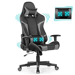 GYMAX Gaming Chair Massage Gaming Chairs for Adults with Headrest Lumbar Support Armrest Video Computer Reclining Gaming Chair Office Desk Gamer Task Chair Grey
