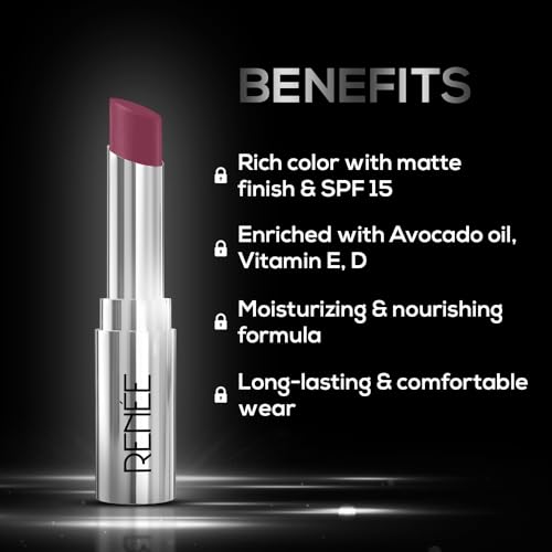 Image of RENEE Matte Lock Lipstick - Indie, Moisturizing, Long Lasting & Weightless Formula, Intense Color Pay Off with Ultra-Matte Finish, Enriched with Avocado oil, Vitamin E, D & Beta-Carotene, 3.5 Gm