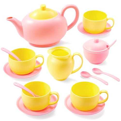 JOYIN 18PCS Pretend Tea Party Set, Pink Plastic Tea Set, Mini Kitchen for Kids, Gifts for Toddler Boys Girls, Easter Birthday Gifts