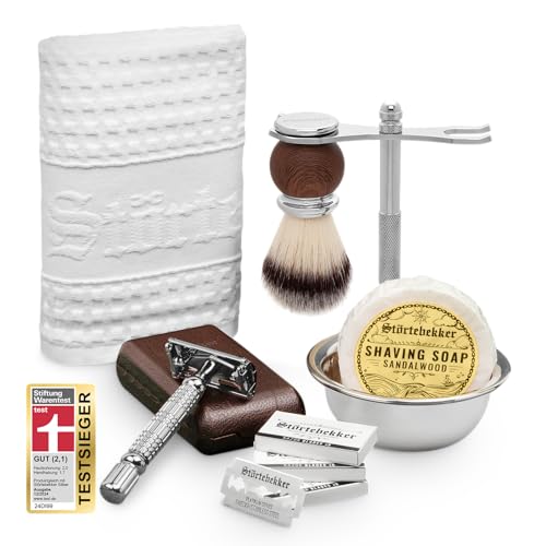 Störtebekker® Premium Genießer Set - Hochwertiges Rasierset für eine perfekte Rasur - inkl. Rasierhobel, Rasierpinsel, Rasierseife Sandelholz, Rasierschale, Rasierständer, Rasiertuch - Geschenkidee