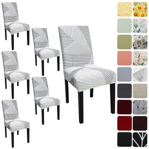 Keyroal Dining Room Chair Covers Set of 6, Stretch Printed Parsons Chair Slipcovers Spandex Removable Washable Kitchen Chair Protector Cover for Dining Room, Hotel, Ceremony(White)