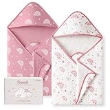 FIEMOL Hooded Baby Towels for Newborn,100% Cotton Baby Bath Towels with Hood for Infant Toddler Girl, 2 Pack 32x32 Inch Soft & Absorbent Knit Terry Bath Essentials Pink Rainbow