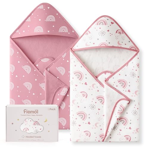 Image of Baby Girl Bath Towels for Newborn, 100% Cotton Hooded Baby Towels for Infant Toddler, 2 Pack Bath Towels with Hood for Kids, 32x32 Inch Soft & Absorbent Knit Terry Bath Essentials Pink Rainbow