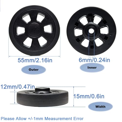 Luggage Spinner Wheels Repair Set 4Pc Smooth Silent 360 Swivel Rubber Wheels for Suitcase Spinning Wheel Trolley Dual Caster Double Roller Replacement,55MMx12MM