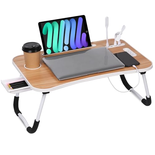 23.6" Portable Bed Desk with USB, Fan, LED Light, Cup Holder
