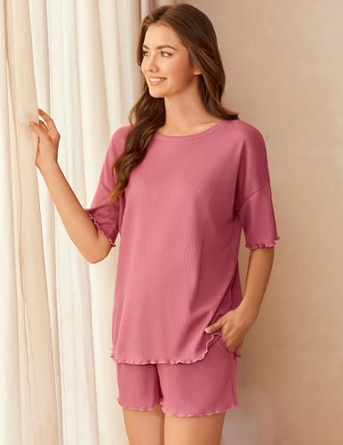 Image of Ekouaer Lounge Sets for Women Waffle Knit Pajama Set Shorts 2 Piece Matching Loungewear Summer Outfits with Pockets