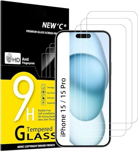 NEW'C 3 Pack Designed for iPhone 15, iPhone 15 Pro Screen Protector (6.1 inches), Enhanced Tempered Glass Protection, Case Friendly Ultra Resistant