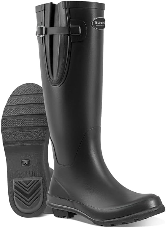 Women's Rain Boots Waterproof Tall Knee High - Natural Rubber Wellies for Winter Snow & Slush, Arch Support Walking Shoes, Adjustable Calf with Buckle for Thick Socks