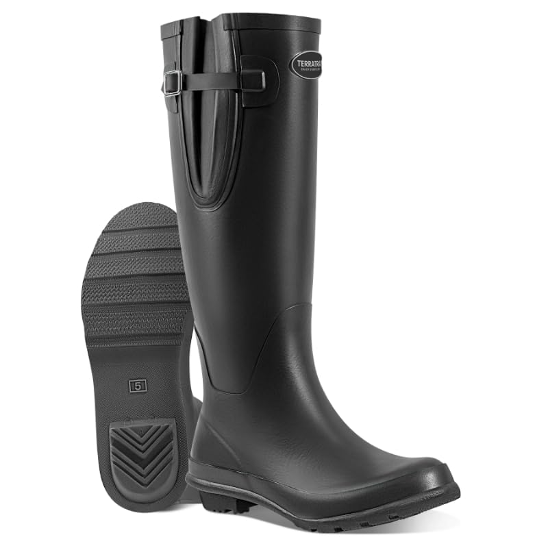 TerraTrax Women's Wide Calf Wellington Rain Boots, Adjustable Waterproof Natural Rubber Tall Boots, Non-Slip Sole for Gardening, Dog Walking & Outdoor