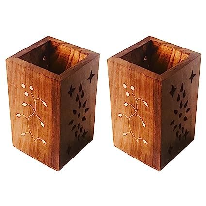 SDM HANDICRAFT Decorative Design Handmade Traditional Storage Organizer Wooden Pen and Pencil Holder for Office (Brown, 2.5 x 2.5 x 4 inch,)