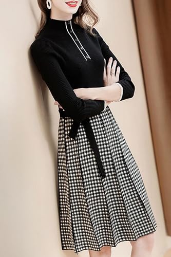 Image of LAI MENG FIVE CATS Women's Elegant Long Sleeve Sweater Plaid Knit Pullover Fall Midi Dress