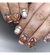 Halloween Press on Nails Short Square Fake Nails Yellow Flower Ghost Pumpkins Glue on Nails Hallo...
