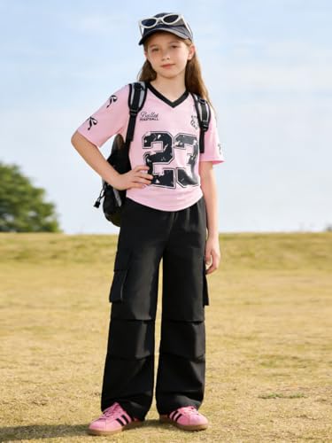 Image of Tween Girls Clothes Short Sleeve Graphic T-Shirt Top + Cargo Pants 2pcs Outfit Set, Size 7-15Years