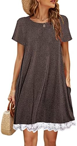 Women's Plus Size Short Sleeve Lace Patchwork Tshirt Summer Dress with Pockets Coffee,XXL