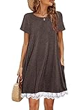Women's Plus Size Short Sleeve Lace Patchwork Tshirt Summer Dress with Pockets Coffee,XXL