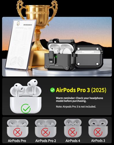 Image of Pohgelan for AirPods Pro 3 Case with Safety Lock-Black | Magnetic Automatic Lock with Cleaning Kit&Keychain,Compatible with Magsafe