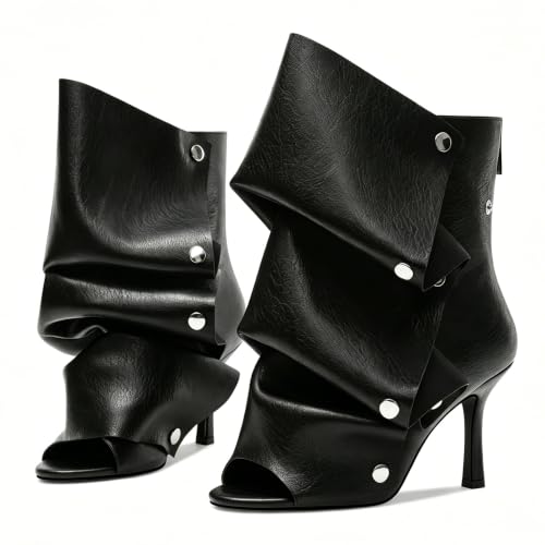 YXAXUG 3.1" Women's Open Toe Stiletto Fold-Over Ankle Booties w/Snap Panel by YXAXUG - Used condition - US$45.20