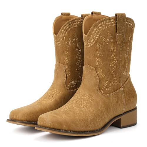 IUV Cowboy Boots for Women Square Toe Wide Ankle Western Cowgirl Boots