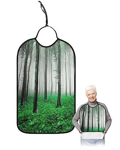 Green Forest Adult Bibs for Eating, Waterproof Bibs with Food Catcher & Adjustable Snap Closure, Fall Maple Leaf Natural Landscape Washable Clothing Protectors Adult Bibs for Elderly Women/Men