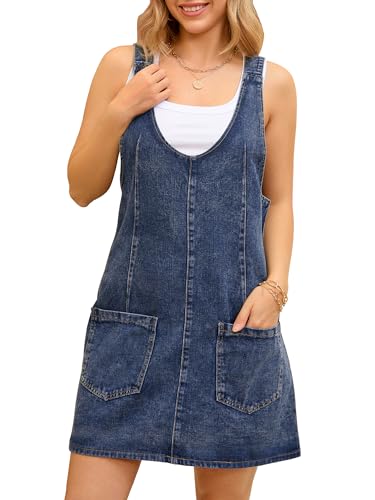 CIMUK Damen Denim Overalls Roller Strampler Lose Casual Ärmellos Latzhose Minikleider, blau, S