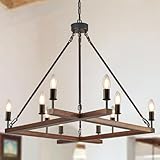 Poemoon Rustic L53'' Wooden Square Chandelier 10-Light Farmhouse Unique Rectangular Candle Chandelier Long Ceiling Pendant Lighting for Living Dining Room Foyer Kitchen Bedroom High Ceiling,E12