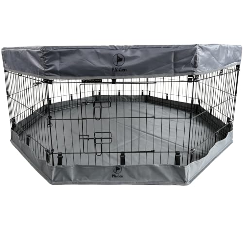 Image of PJYuCien Puppy Playpen with Top Cover & Bottom Pad, 8 Panels 24 inch H, Gray | 24 inchW, Small Pet Safe Sanctuary, Foldable Octagonal Pen, Versatile, Indoor & Outdoor, Backyard Pasture, Protects Floors