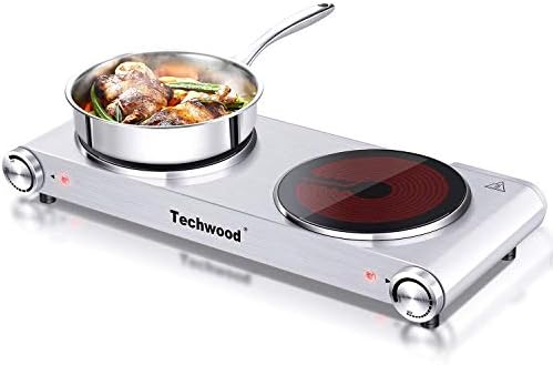 Hot Plate, Techwood 1800W Electric Dual Hot Plate, Countertop Stove Double Burner for Cooking, Infrared Ceramic Hot Plates Double Cooktop, Silver, Brushed Stainless Steel Easy To Clean Upgraded Version