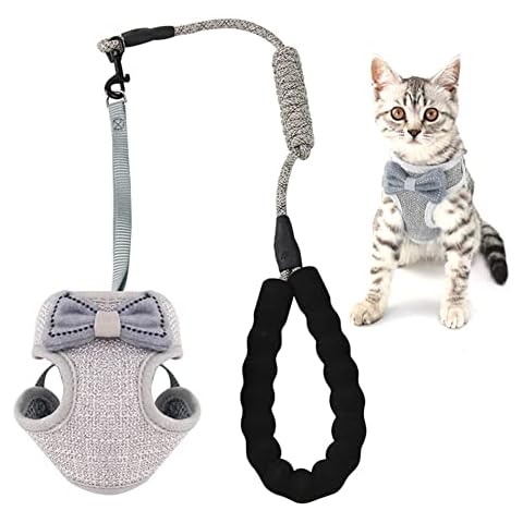 Cat Harness and Lead Set Escape Proof, Adjustable Soft Kittens Vest Strip, Vest Harness Breathable Mesh,With 45 inch Leash,Cute Bow Design, for 2.5kg - 10kg Small Medium Cats (Gray) Cover