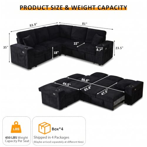 Image of Modular Sectional Sleeper Sofa with Pull Out Bed, 84 Inch L Shaped 5 Seat Couches for Living Room, Chenille Fabric Cloud Couch Bed with Storage, Reclining Backrest, USB Charging, Corduroy