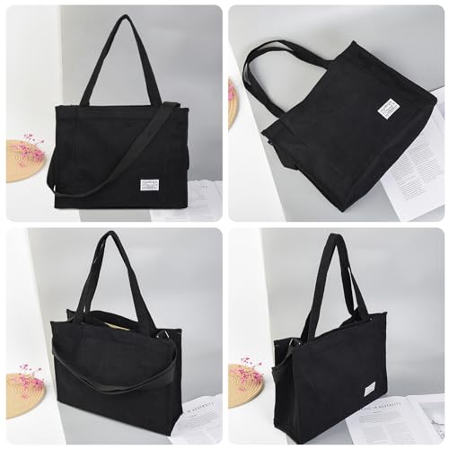 Valleycomfy HANDBAG307 Vintage Casual Corduroy Bags Crossbody Bag Purse For Women Travel Shoulder Bags Handbags Eco Bag,Black,Large thumb #2