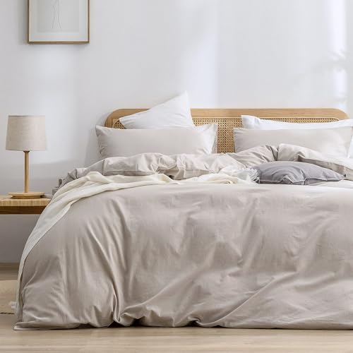 Image of BESTOUCH Cotton Solid Duvet Cover Set Linen Feel Linen Grey Oversized Full | 100% Washed Cotton, Soft Wrinkle Texture, Hidden Zipper, 8 Ties, Breathable Lightweight Durable Comfy, 3 Pcs No Insert