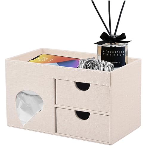 RHCSZ Square Tissue Box Cover with Drawers,Tissue Box Holder with Storage Tray,​ Makeup Organizer and Desk Organizer,Tissue Holders Decorative for Bathroom Vanity NightStand Dressing Table (Beige)