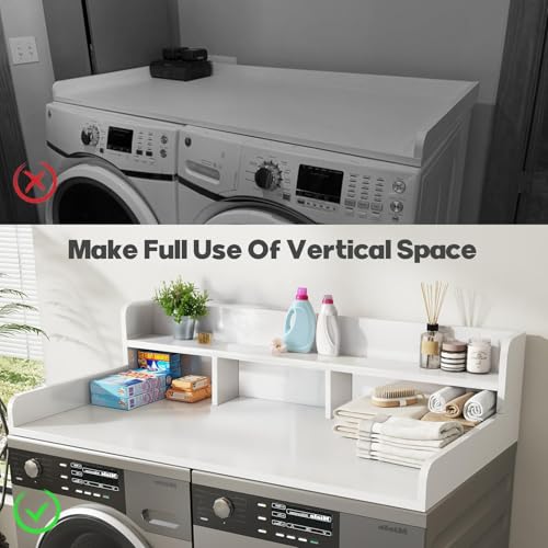 CuisinSmart Drawers Washer Dryer Countertop With Shelf, 54" x 27" Wooden Laundry Countertop Double Layer Organizer for Washer and Dryer Laundry Hamper Counter Storage Organization