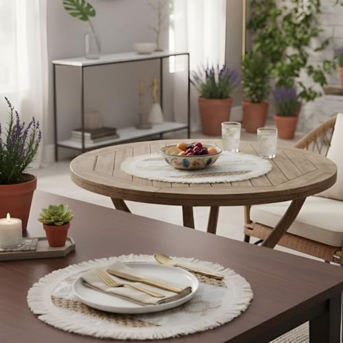 Image of HomeCloud Croshia Woven Table placemat - Heat Resistant, Washable Table Decoration for Dining, Office, Kitchen, Hotel, and Home (Round White Baige, Set of 6)