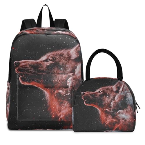 Surreal Wolf Print Backpack Set with Lunch Bag, Large Capacity Travel Backpacks and Lunch Box Insulated for Commute Hiking Picnic