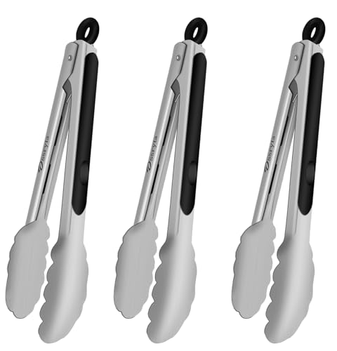 Ossryta Small Cooking Tong Set of 3 - Mini 7 Inch Stainless Steel Locking Tongs, Heat Resistant to 600°F, Food Grade Kitchen Metal Tong for Food, Salad, Pasta, Steaks, Vegetables - Dishwasher Safe