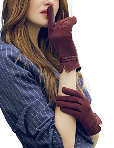 YISEVEN Damen Lammfell Wildleder Handschuhe Touchscreen Lederhandschuhe Gefüttert Winter Warm Elegant Auto Schaffell Leder Damenhanschuhe Winterhandschuhe Geschenke, Weinrot XL/8.0" Cover