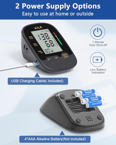 AILE Upper Arm Blood Pressure Machine,High Blood Pressure Monitors for Home use with Adjustable Blood Pressure Cuff - Large LCD Screen,Dual Power Option