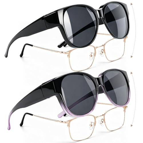 2 Stück Sonnenbrille Über Normale Brille Polarisierte Überzieh Sonnenbrille Herren und Damen Modische Blendfreie Sunglasses mit UV400 Schutz Ultra für Brillenträger(Schwarz+Schwarz-Violett)