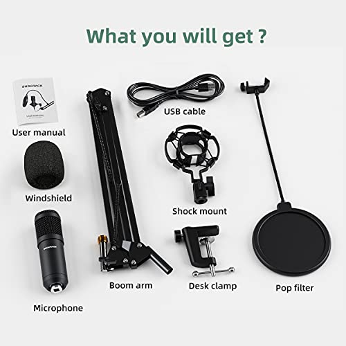 Sudotack Usb Streaming Podcast Pc Microphone, Professional 192Khz/24Bit Studio Cardioid Condenser Mic Kit With Sound Card Boom Arm Shock Mount Pop Filter, For Skype Youtuber Karaoke Gaming Recording #TOP7