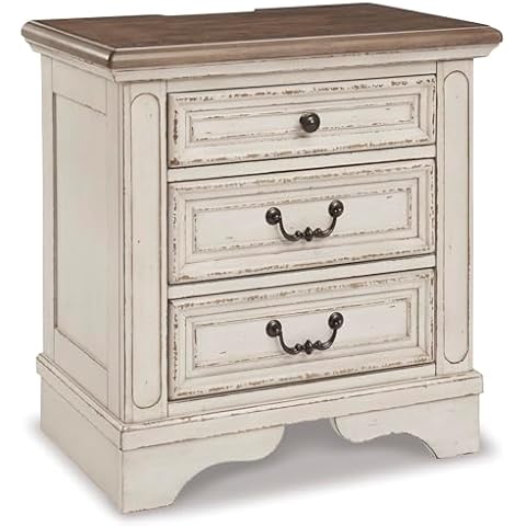 Signature Design by Ashley Realyn French Country 3 Drawer Nightstand with Electrical Outlets & USB Ports, 27.75" Tall, Chipped White Cover