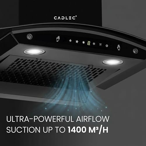 Image of Cadlec CurveFlow 60cm Filterless Curved Glass Kitchen Chimney | 1400 m /hr Powerful Suction | Auto Clean with Oil Collector | Feather Touch + Gesture Control Technology | 20-Year Warranty | Black