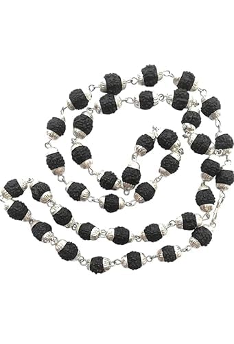 Authentic 6mm Black Rudraksha Mala Necklace with Silver cap Links, 22 Inch Japa Mala with 40 Natural Healing Beads for Meditation, Yoga & Spiritual Energy. Traditional Hindu Rosary Prayer Beads for Men and Women, Calm Focus & Chakra Balancing Jewelry.-image-26