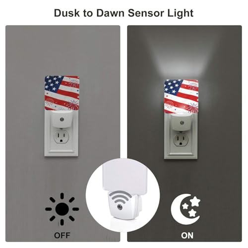 Image of 250 Years Anniversary American Flag Night Light Set of 2, Patriotic Eagle Auto Sensor LED Dusk-to-Dawn Nightlights, Plug-in Sensor Lamp for Bedroom Kitchen Hallway Stairs Decorative