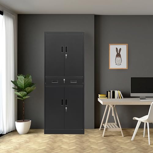 Metal Storage Cabinets with 1Drawer, 71" Storage Cabinet with 4 Locking Doors and 2 Adjustable Shelves, Steel Storage File Cabinet for Pantry Home, Kitchen, Office, Garage (Black)