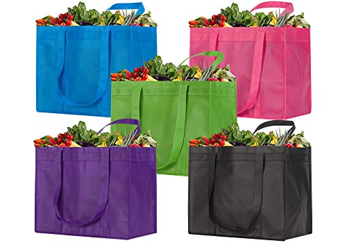 NZ Home XL Reusable Grocery Bags, Heavy Duty Shopping Tote, Stands Upright, Foldable, Washable (Mixed Color 5 Pack)