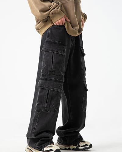 Mens Multi-Pockets Cargo Denim Pants Y2K Hip Hop Jeans Casual Wide Vintage Leg Jeans for Men3
